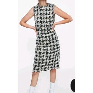 Zara Dress-Med Houndstooth Tweed Chain Trim Pearl Buttons-Career, 60's Mod